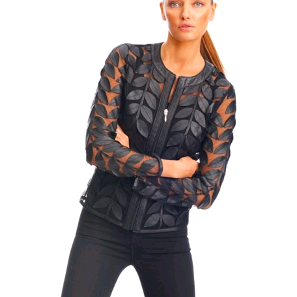 Black leather leaves and mesh jacket